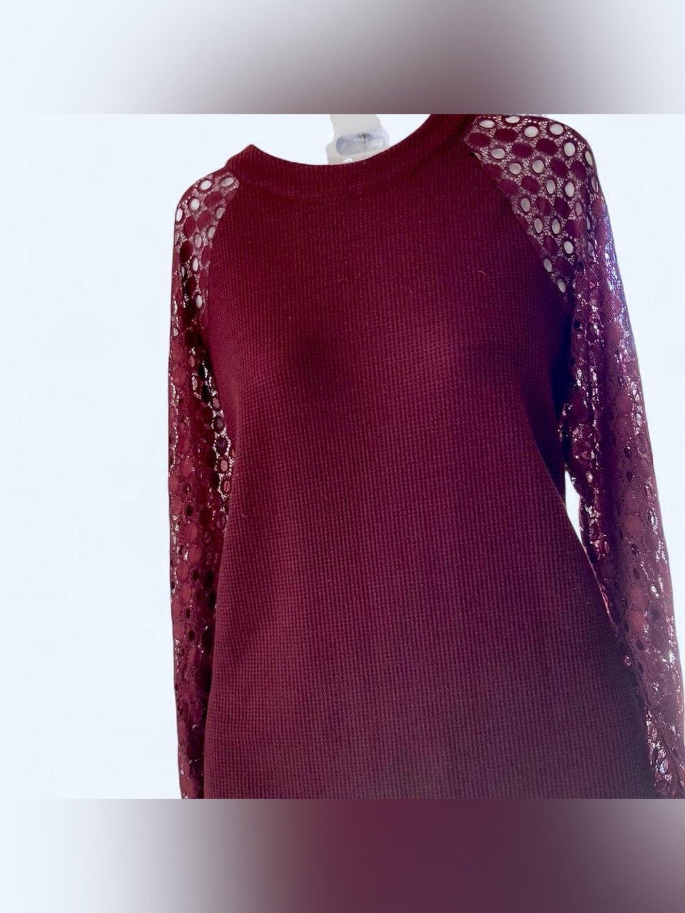 Miholl Burgundy long sleeve top with lace sleeves. Size S